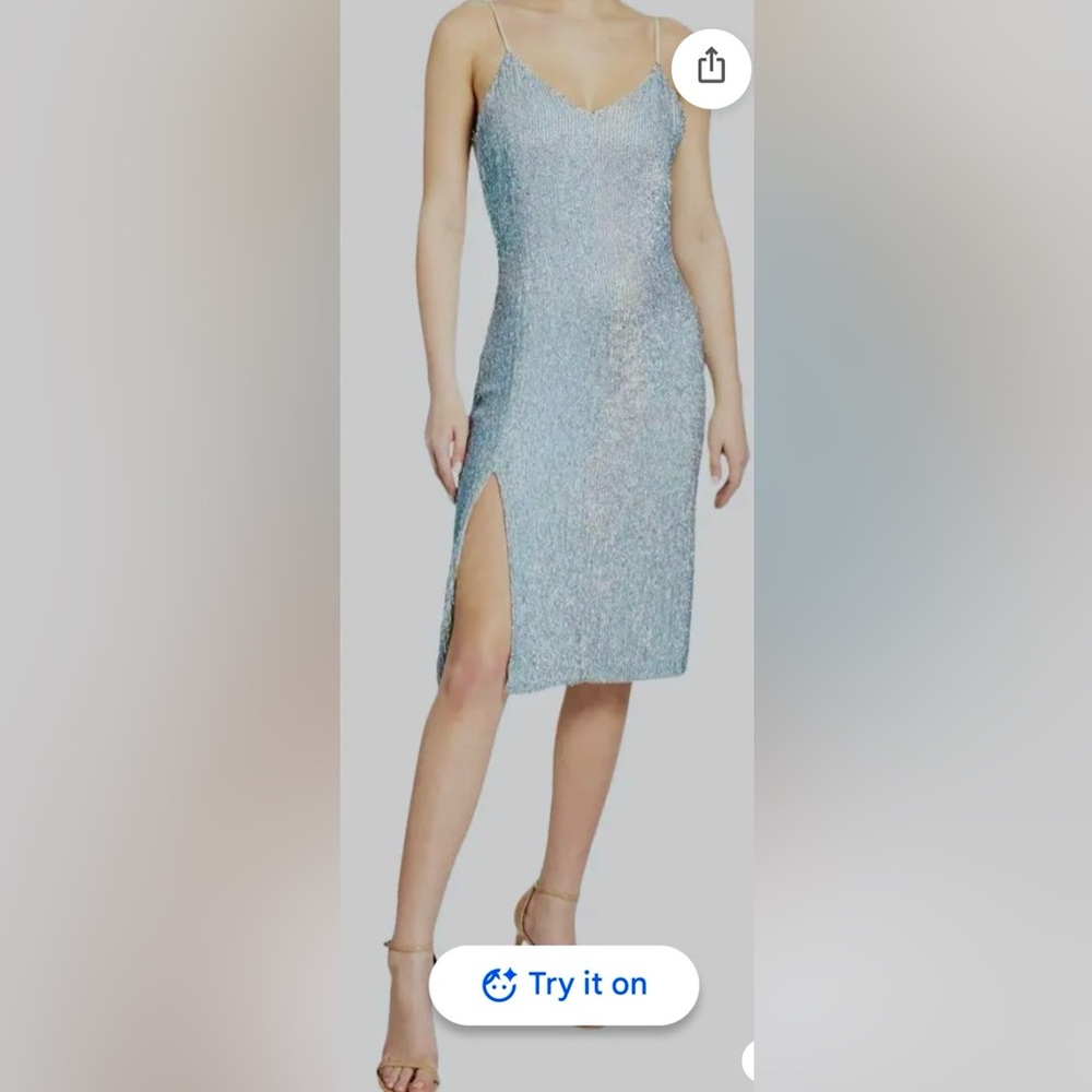 Retrofete Sequined Midi Dress Low Cut iridescent Metallic Blue Silver size XS